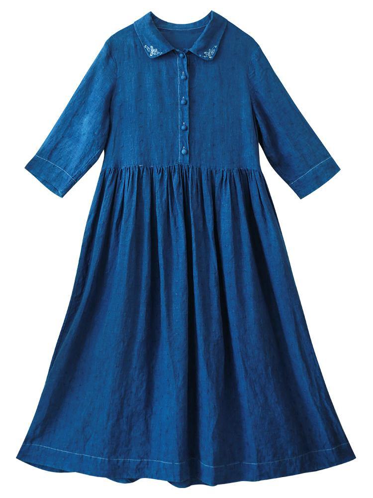 Handmade Lapel Half Sleeve Spring Tunics Shirts Blue Dress