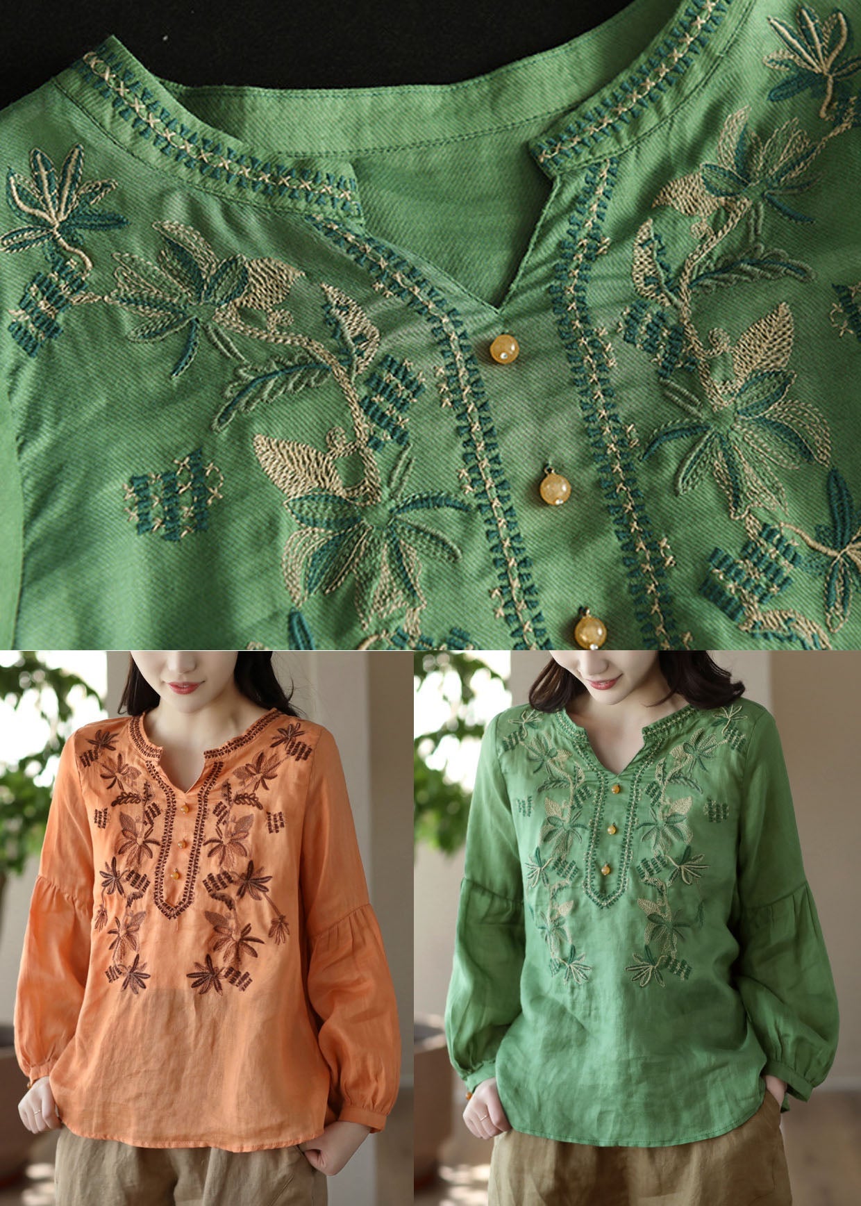 Orange Embroideried Wrinkled Patchwork Linen T Shirt Spring