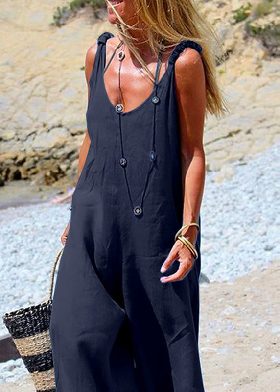 Female Navy Blue Sleeveless Wide Leg Side Button Jumpsuit