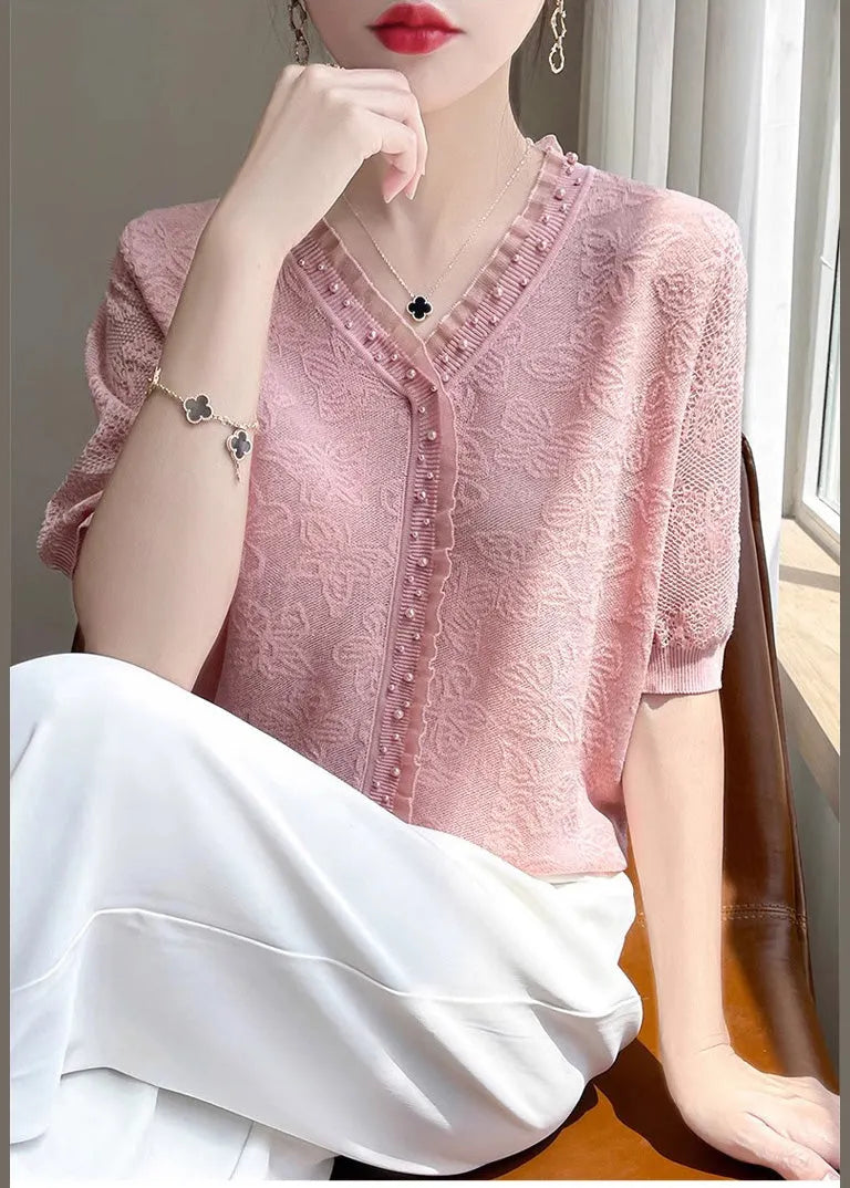 Fitted Pink Jacquard Nail Bead Knit Shirt Top Summer
