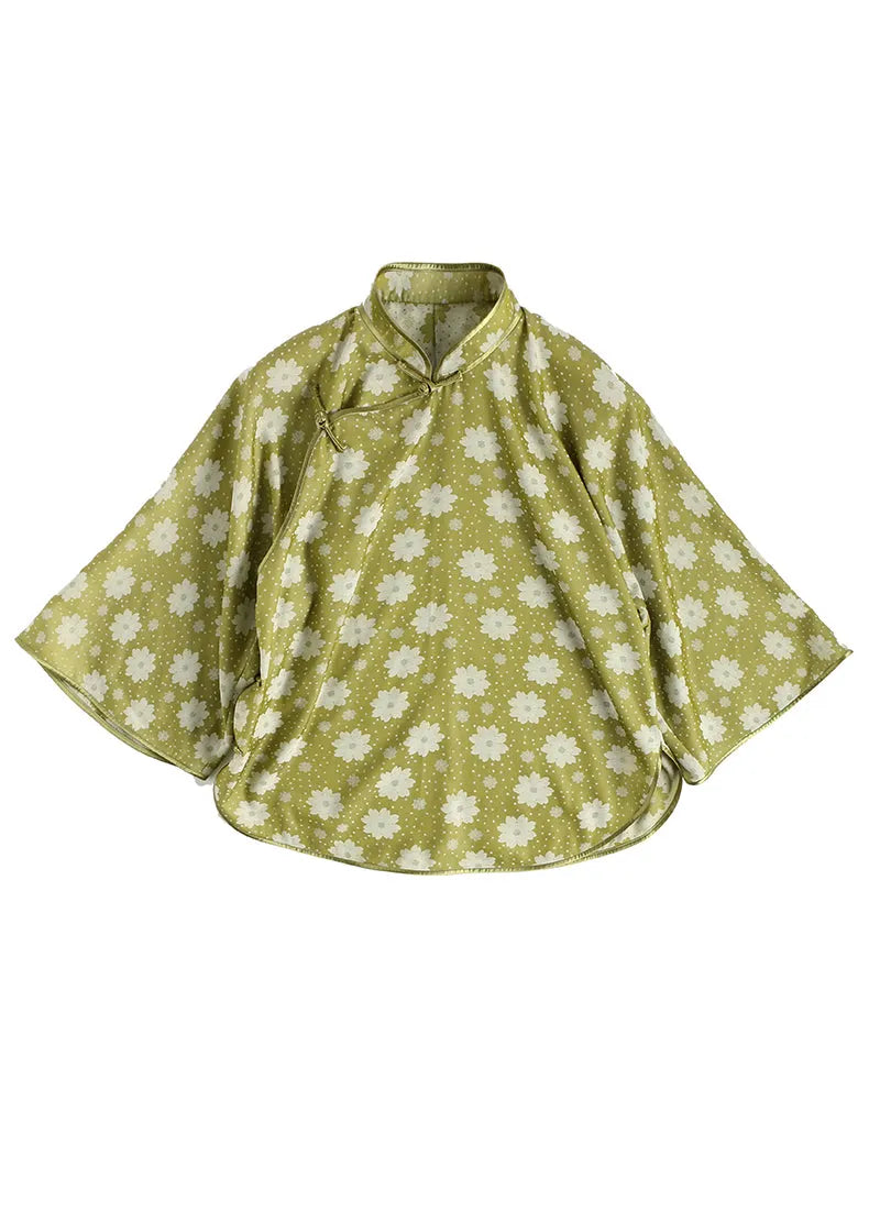 Chinese Style Yellow Green Jacquard Stand Collar Silk Top Three Quarter Sleeve