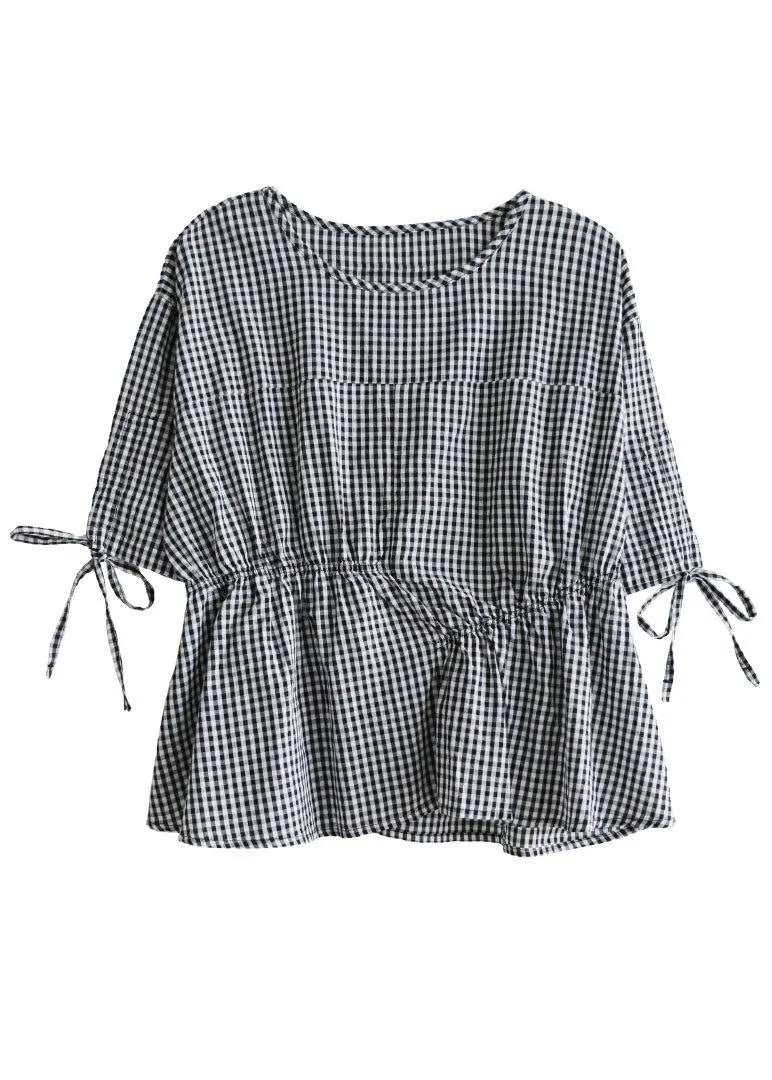 Stylish Black Plaid O-neck Asymmetrical Design Summer Tops Half Sleeve