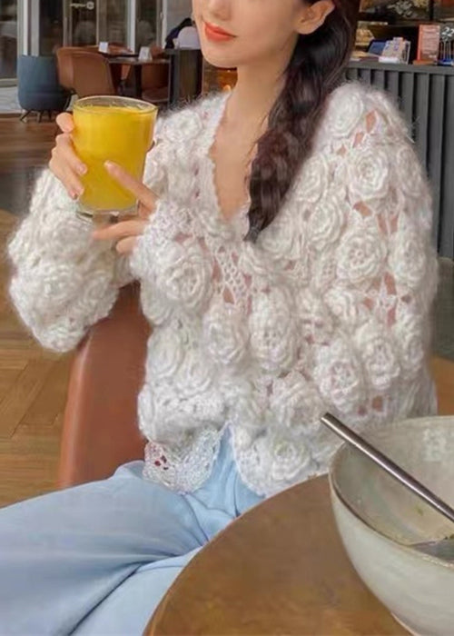 Beige Button Hollow Out Cotton Knit Coats Spring