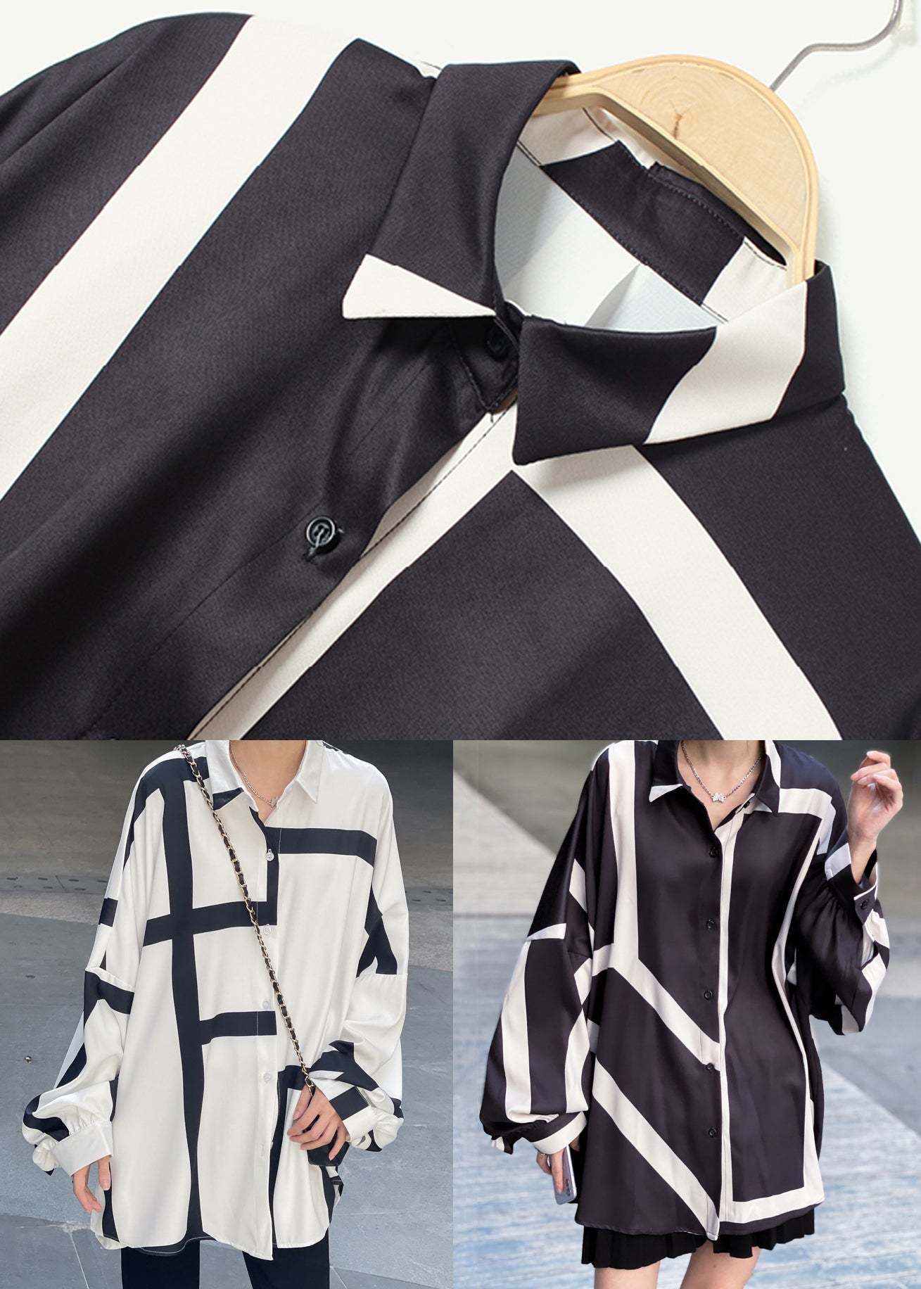 White Asymmetrical Striped Patchwork Cotton Tops Long Sleeve