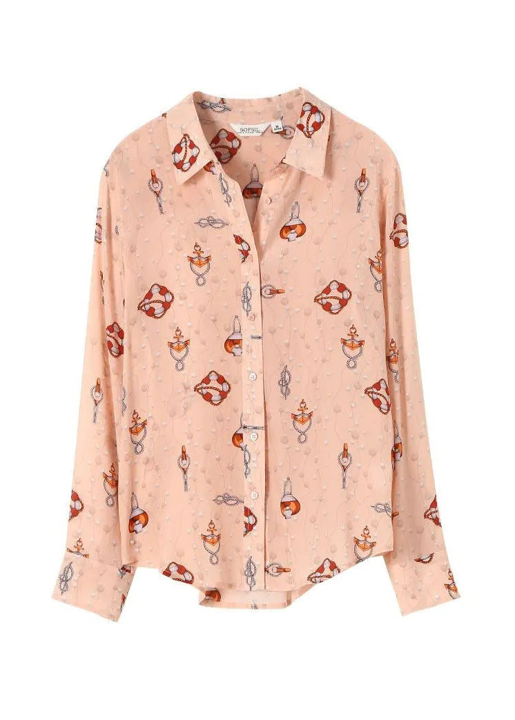 Pink Peter Pan Collar Print Silk Blouses Spring