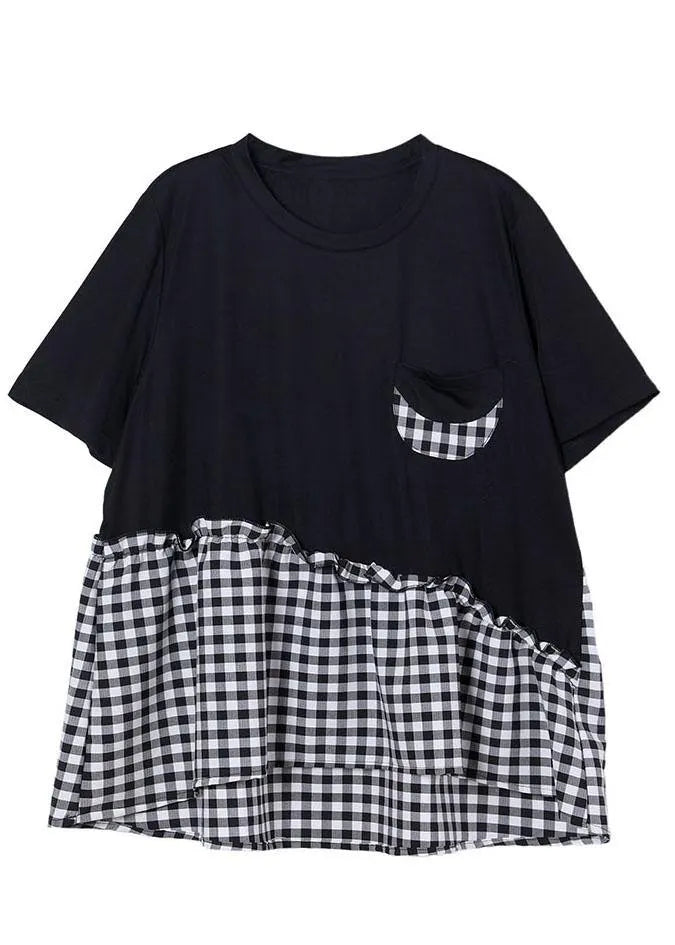 Fine Black Patchwork Asymmetrical Design Ruffled Cotton Short Sleeve Summer Shirt Top
