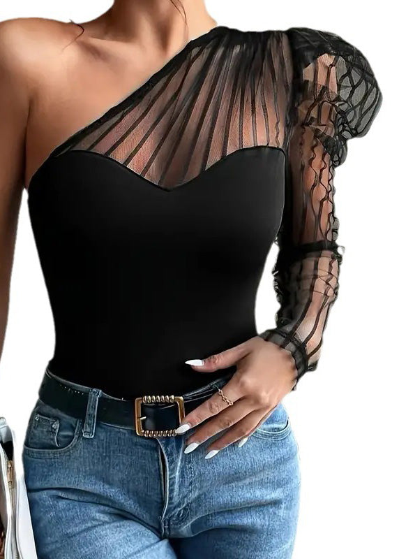 Summer Tulle Patchwork One Shoulder Long Sleeved T-shirt Top