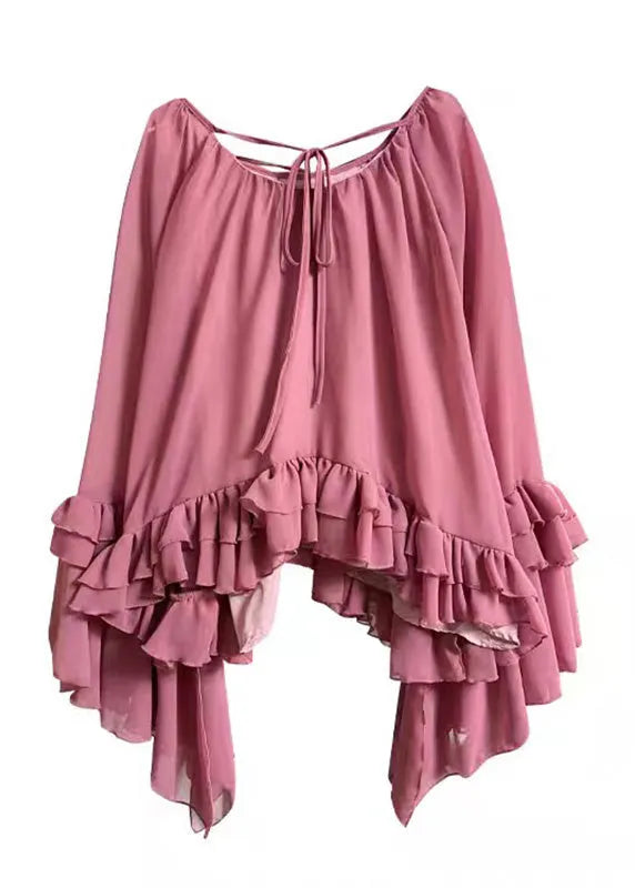 Organic Pink O-neck Tie Lace Chiffon Shirts Flare Sleeve