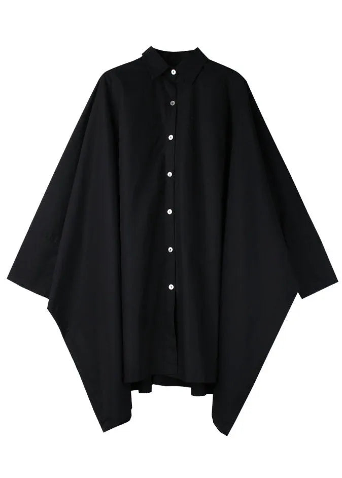 Black Peter Pan Collar Batwing Sleeve Button Blouse Tops Fall