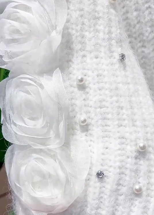 French White O Neck Knit Sweater Dress Spring