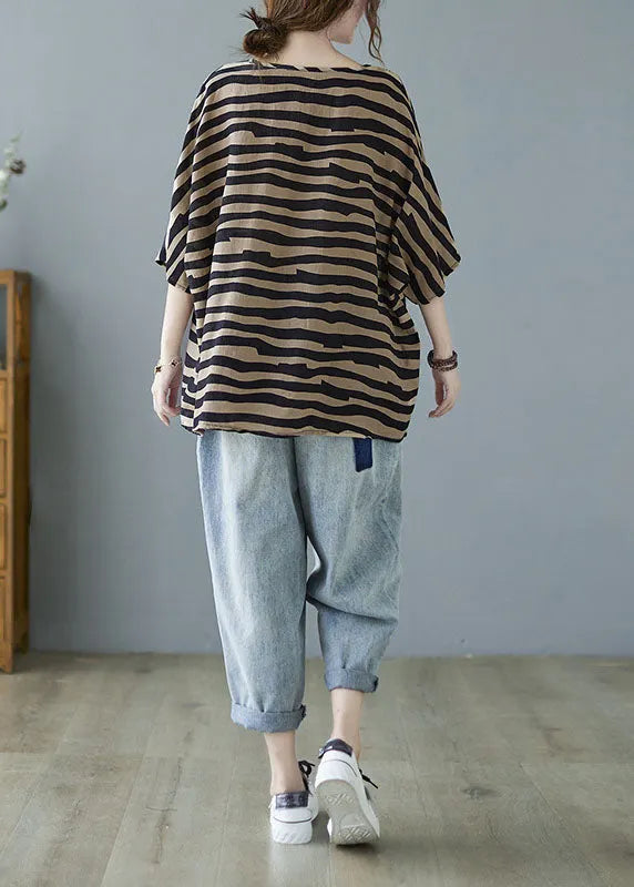 Khaki V Neck Bat Wing Sleeve Striped Print Fall Blouses
