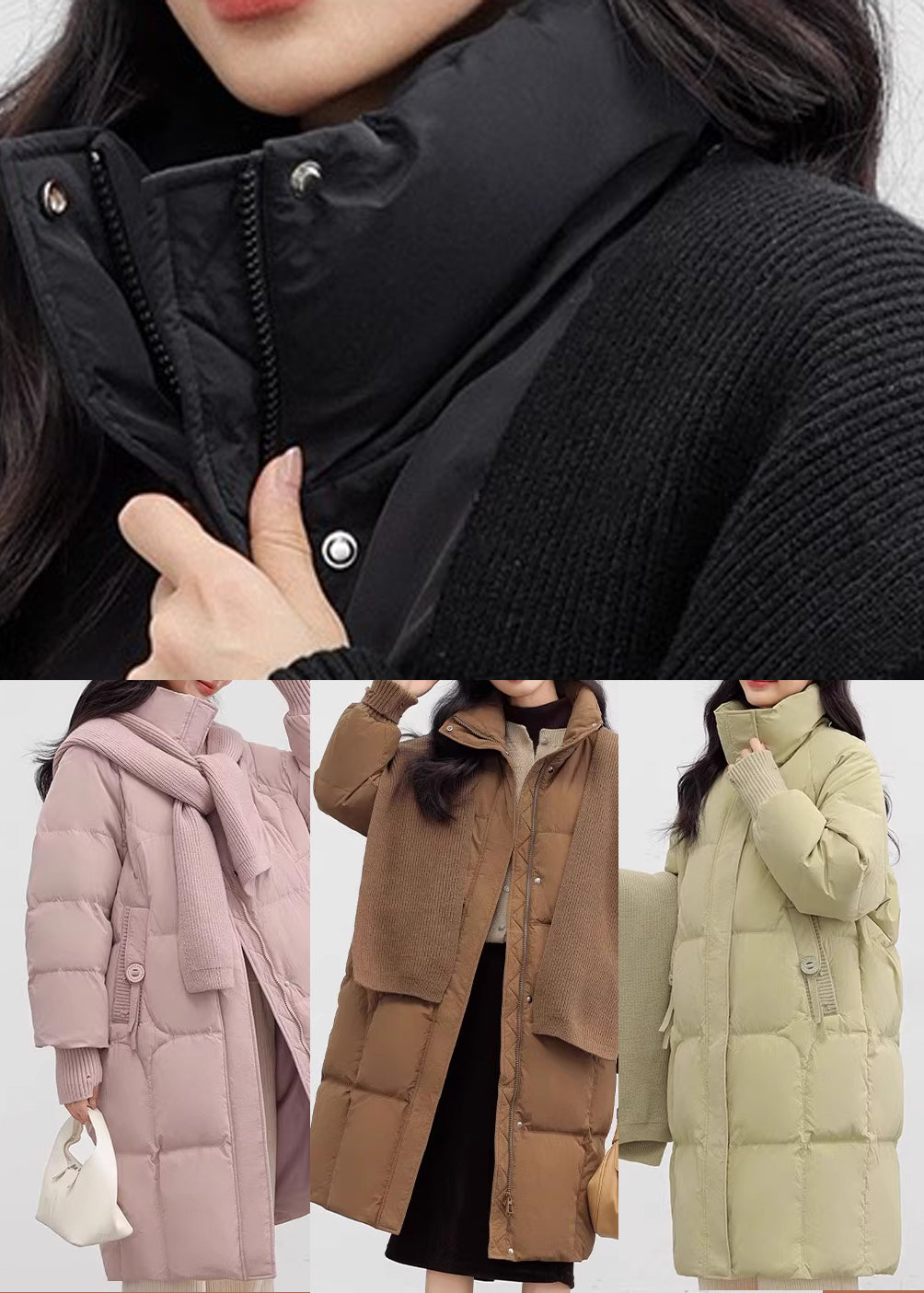 Black Stand Collar With Scarf Duck Down Puffers Jackets Winter