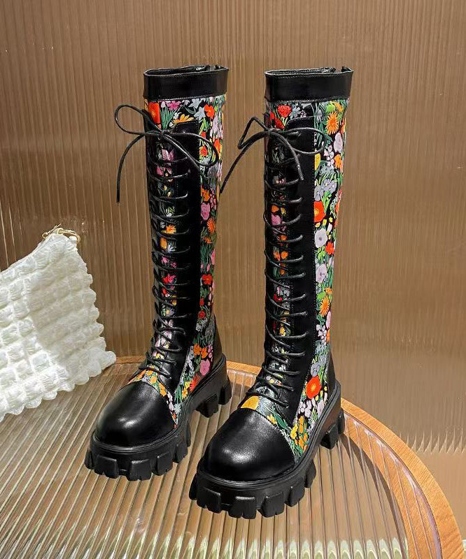 Black Embossed Splicing Platform Boots Lace Up