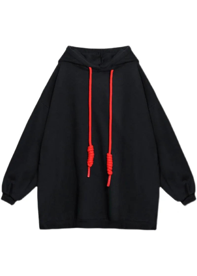 Style Black Hooded Pockets Drawstring Fall Loose Sweatshirts Top