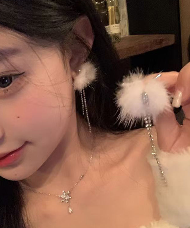 White Sterling Silver Alloy Fuzzy Ball Tassel Drop Earrings