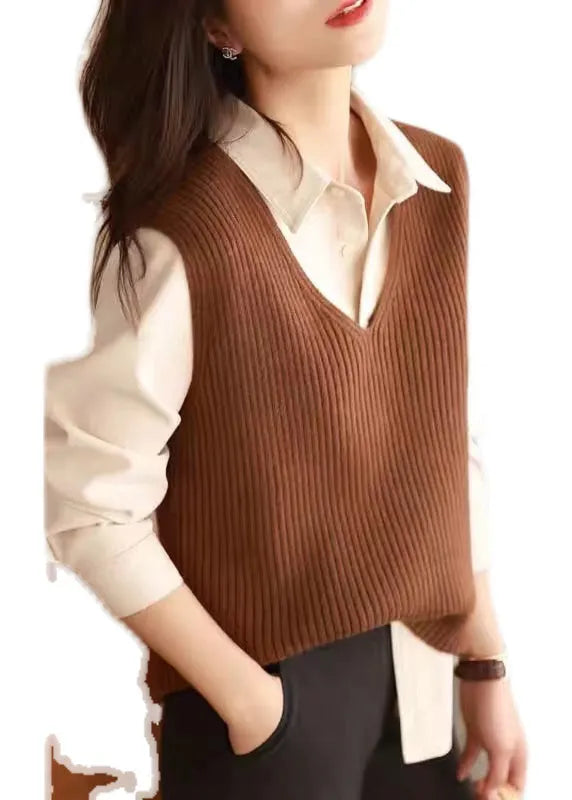 Versatile Caramel V Neck Woolen Vest Tops Sleeveless