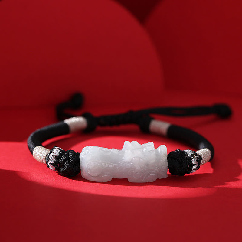 Buddha Stones Handmade Natural Jade Pixiu Luck Prosperity Braided String Bracelet