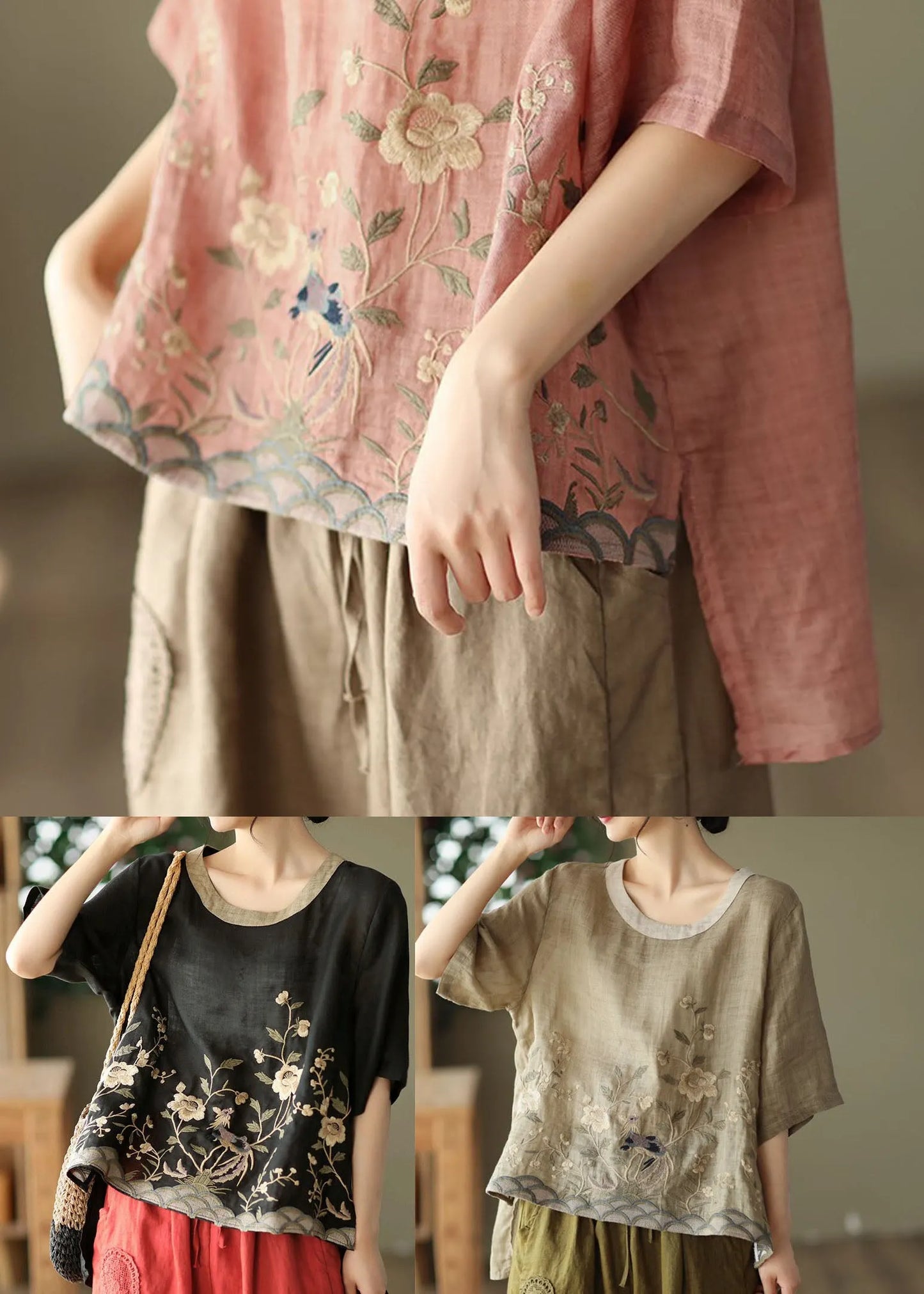 Loose Pink O-neck Embroideried Linen Tanks Short Sleeve