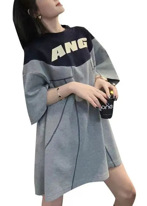 Grey O Neck Graphic Patchwork Cotton T Shirts Summer