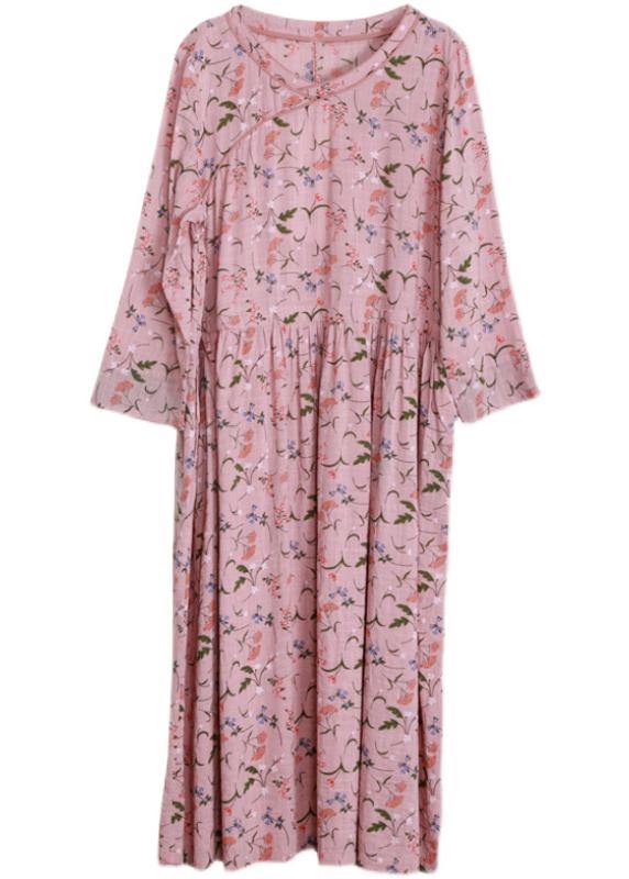 Diy Pink Print V Neck Long Sleeve Party Summer Cotton Dress