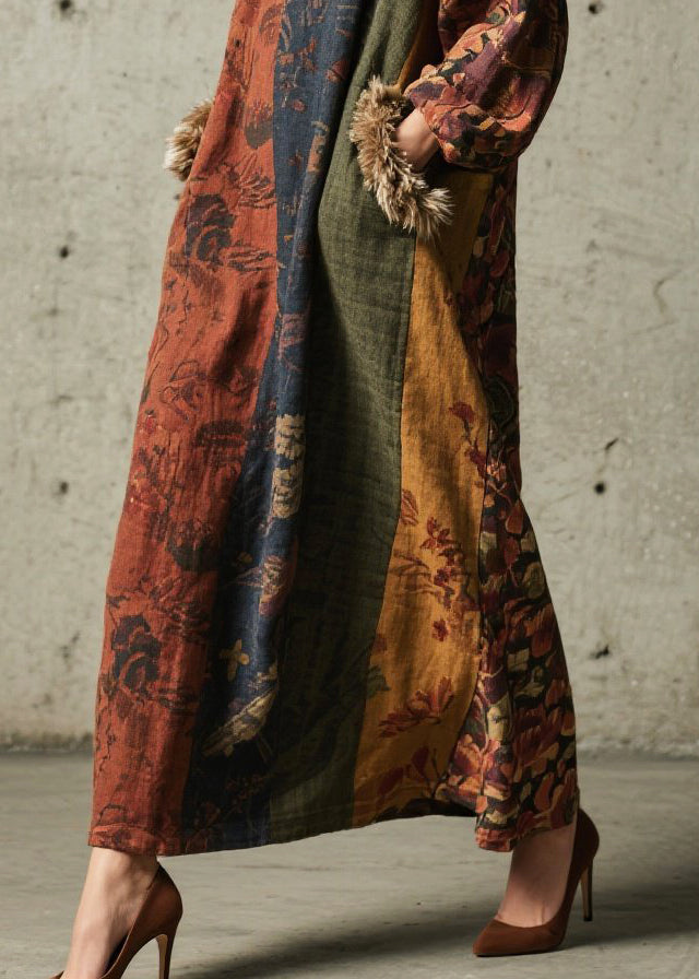 Print Patchwork Faux Fur Maxi Dresses Fall