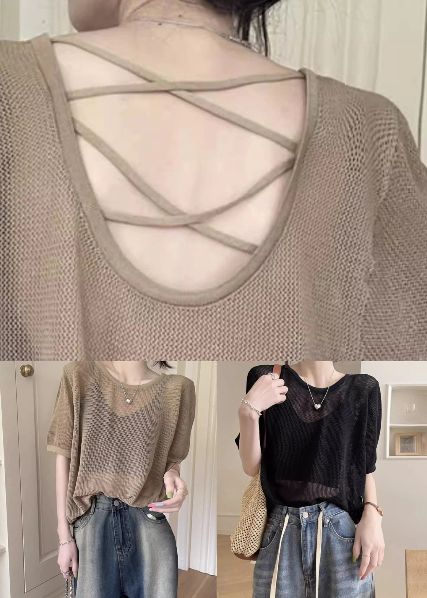 Black Hollow Out Summer Knit T Shirts O Neck