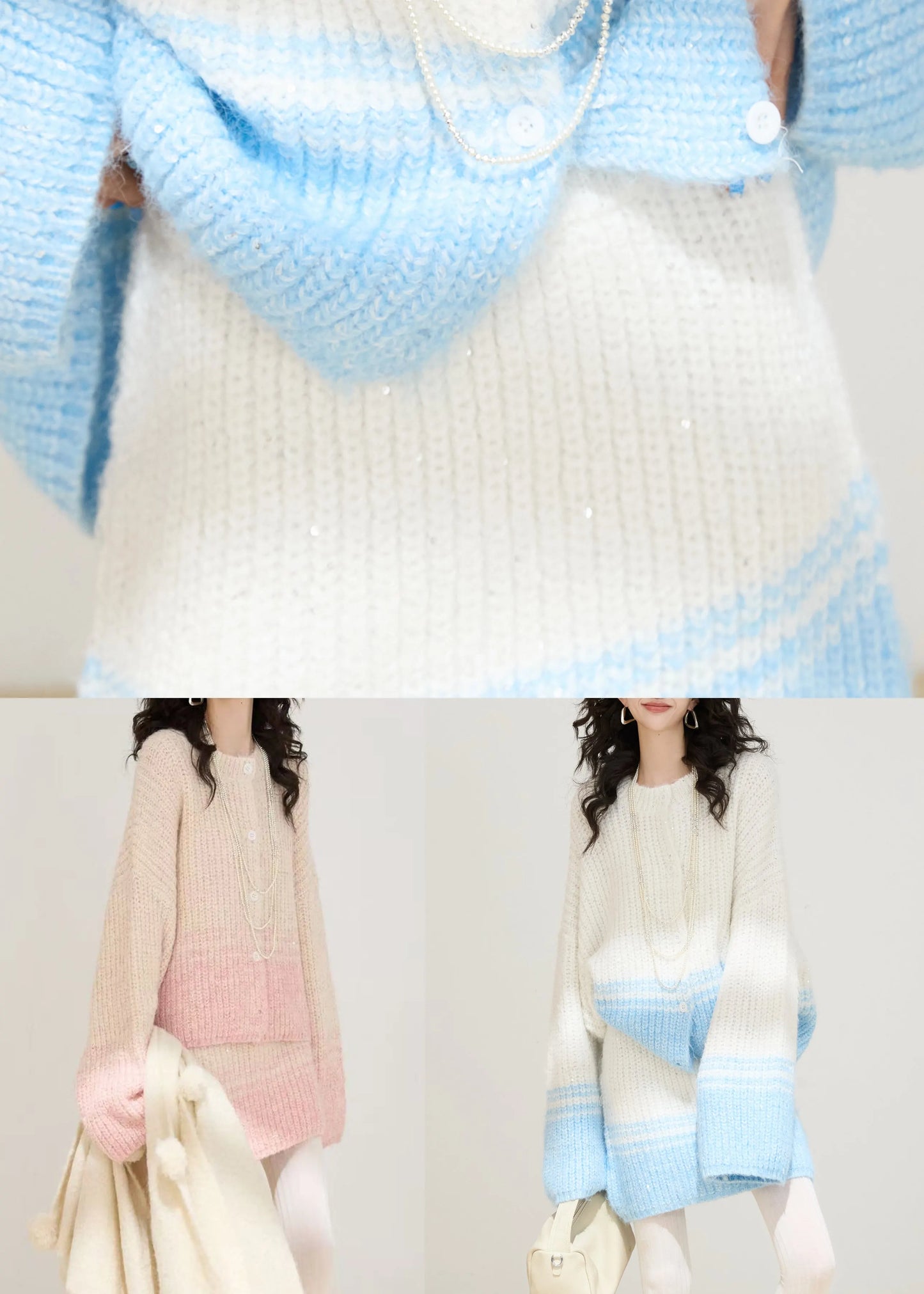 Blue Sequins Patchwork Knit Two Pieces Set Winter