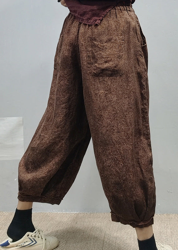 Handmade Red Elastic Waist Pocket Print Linen Lantern Pants Spring