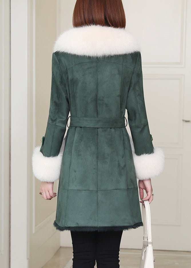 French Green Fox Collar Tie Waist Leather and Fur Coats Winter