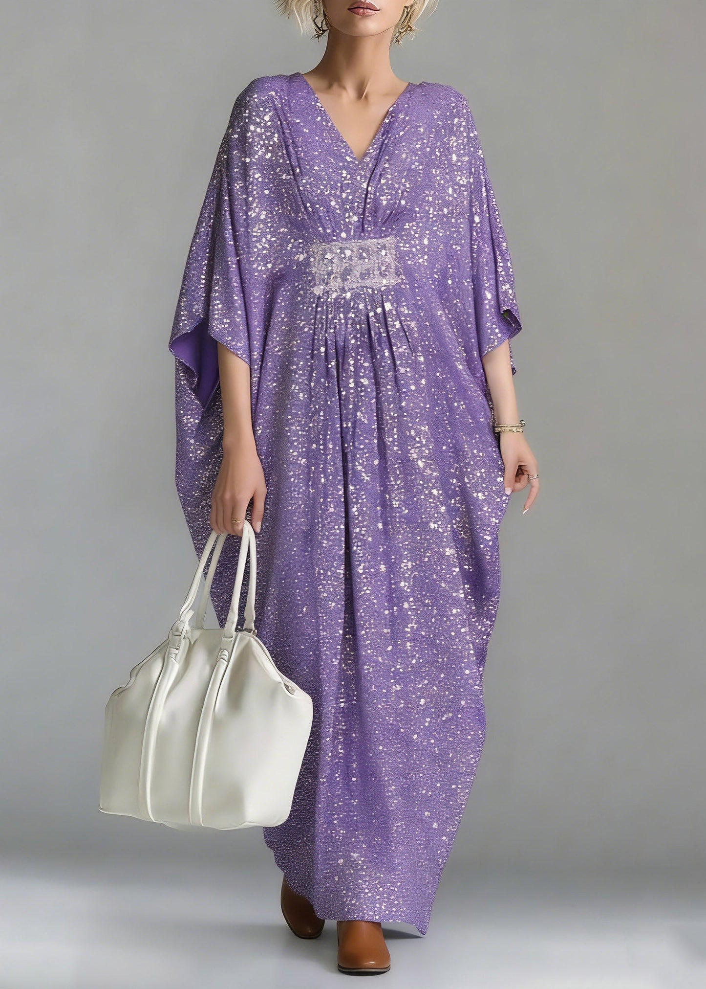 Purple Sequins Tunic Holiday Long Dress Batwing Sleeve