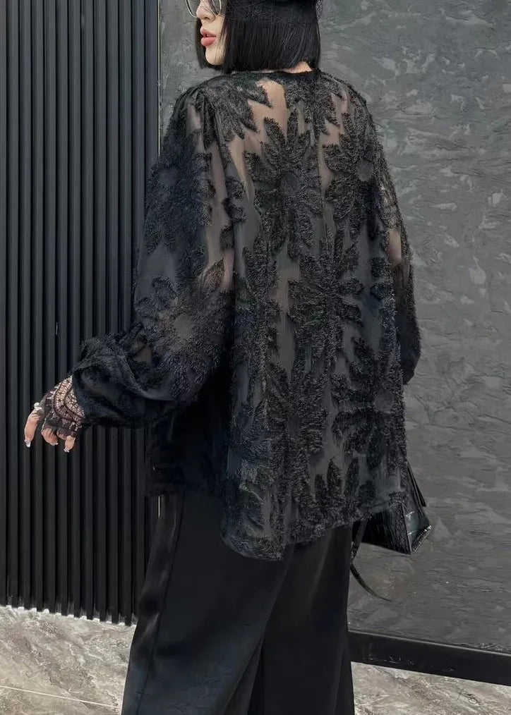 Loose Black V Neck Chiffon Shirt Long Sleeve