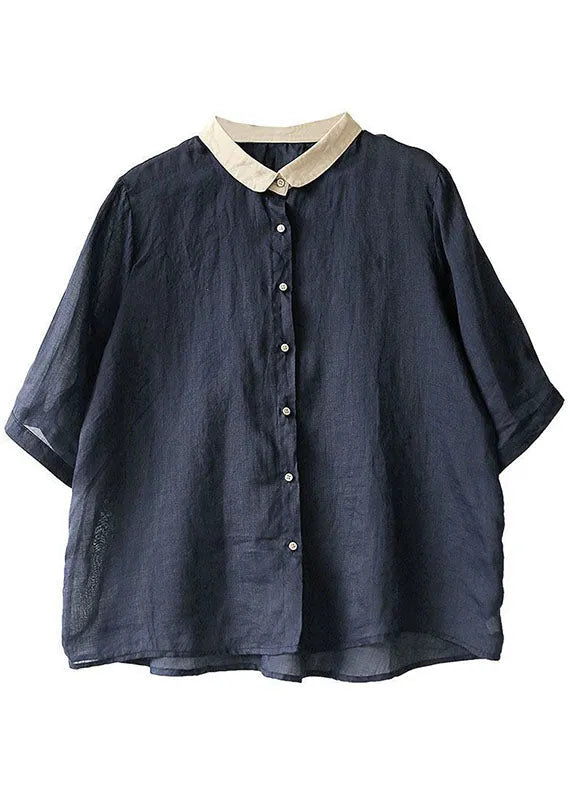 Navy Peter Pan Collar Button Loose Fall Half Sleeve Shirt Tops