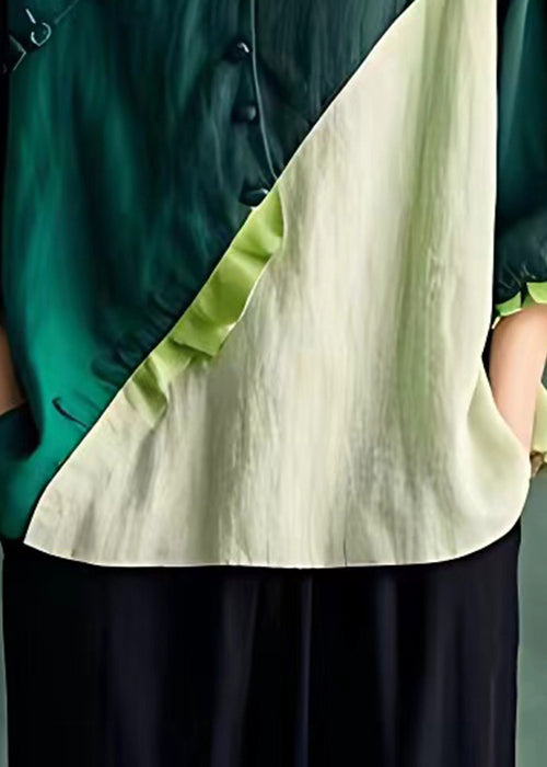 Blackish Green Button Patchwork Linen Top Butterfly Sleeve