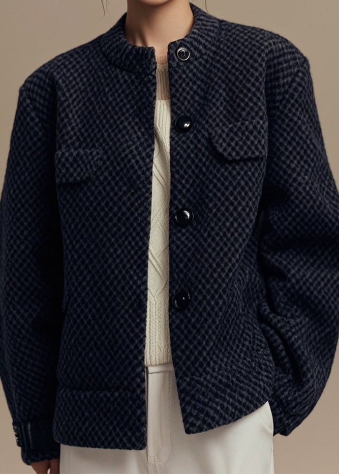French Black O Neck Button Coat Winter
