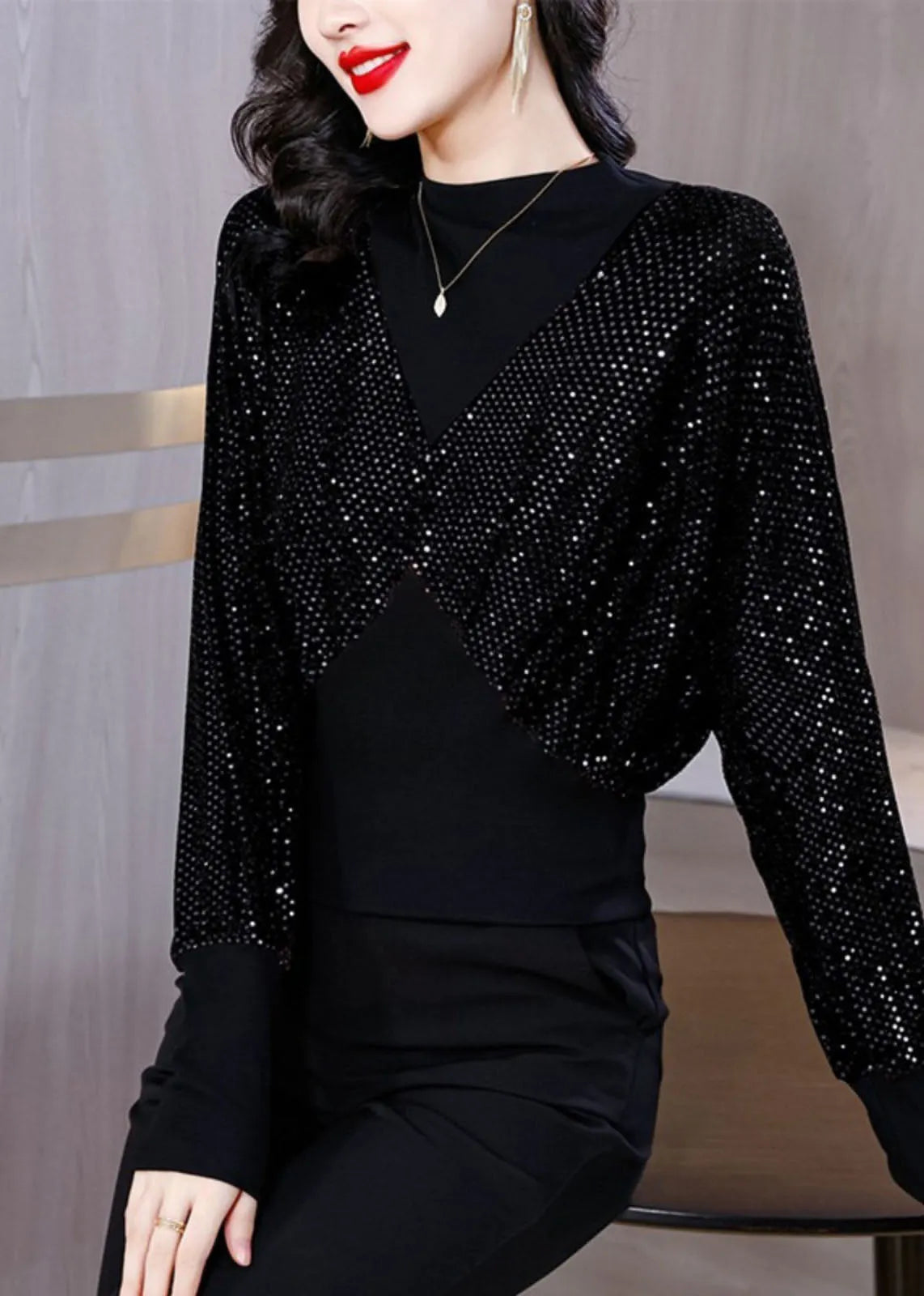 Slim Fit Black O-neck Sequins Patchwork Fake Two Pieces Top Fall