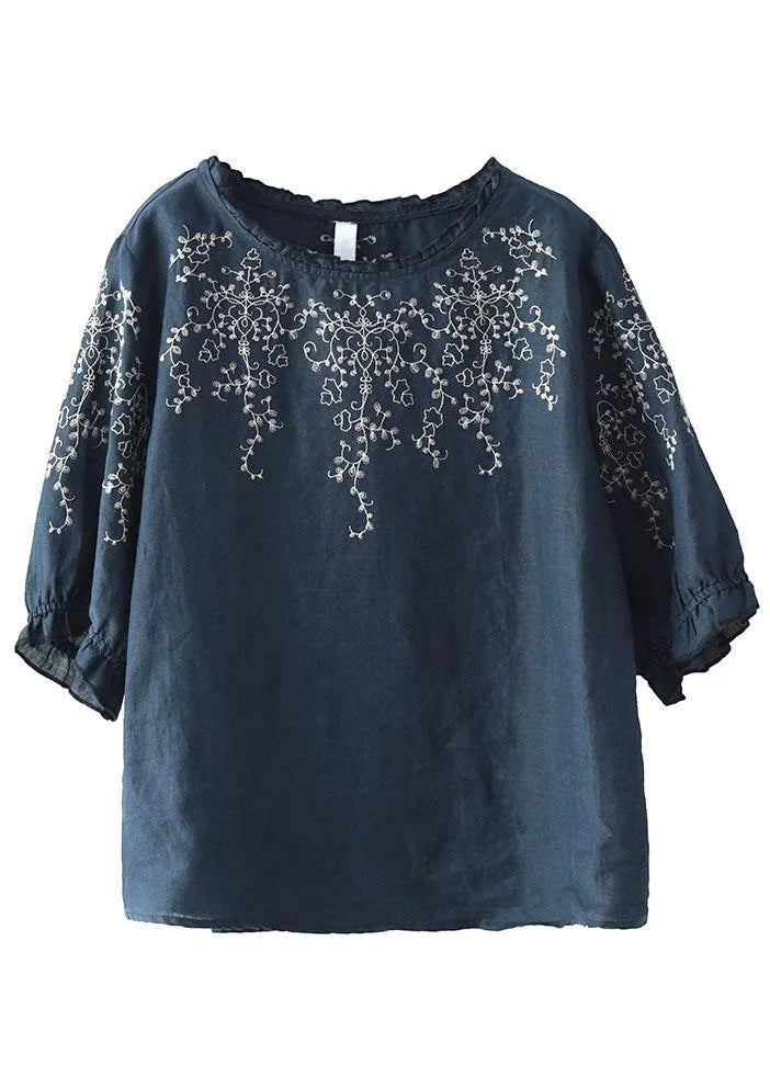 Handmade Navy Lantern Sleeve Ruffled Summer Cotton Linen Shirt Tops