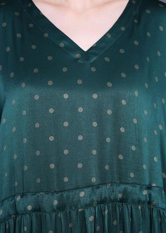 Loose Green Print Tie Waist Summer O-neck Long Dress