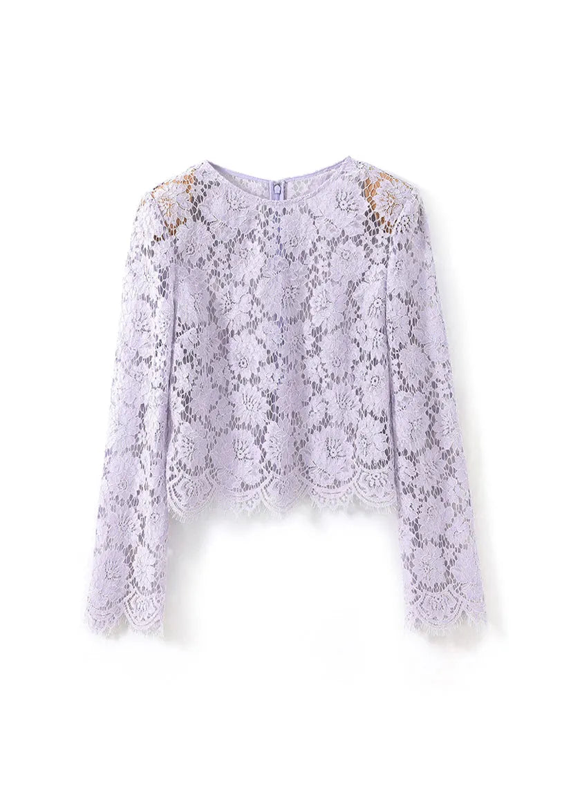 French Purple O Neck Hollow Out Lace Top Fall