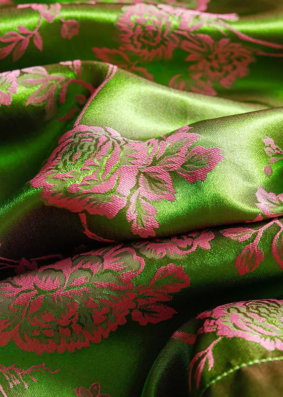 Green Stand Collar Chinese Button Patchwork Jacquard Silk Shirt Long Sleeve