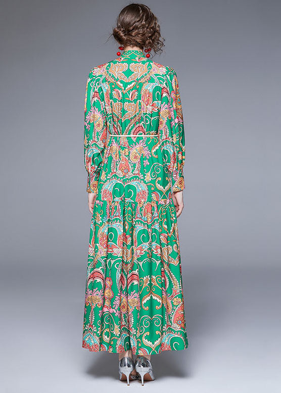 Diy Green Stand Collar Print Wrinkled Sashes Chiffon Holiday Dress Fall