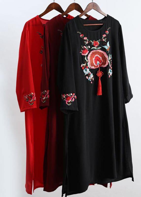 French Black Embroidery Quilting Dresses O Neck Tassel Kaftan Spring Dress