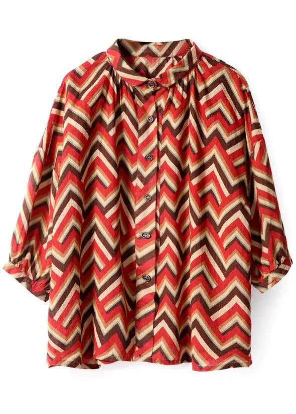 Diy Red Print Button Fall Shirt Top Three Quarter Sleeve