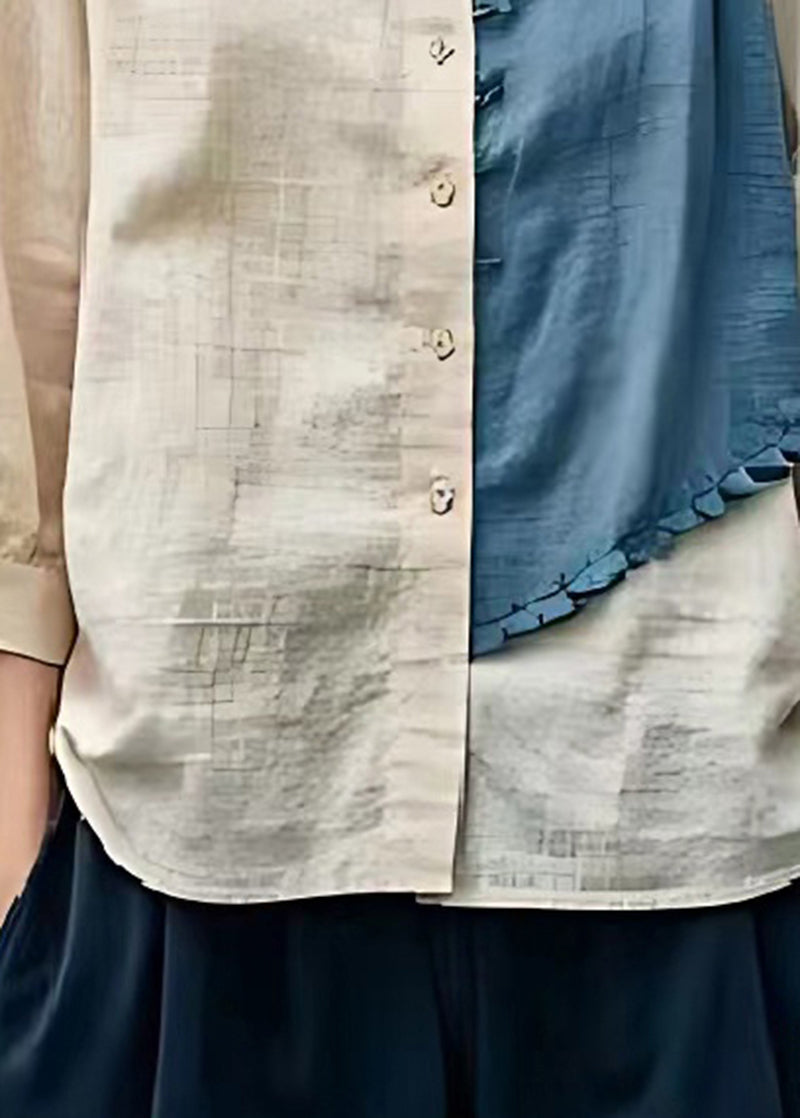 Apricot Oversized Patchwork Linen Blouse Tops Bracelet Sleeve