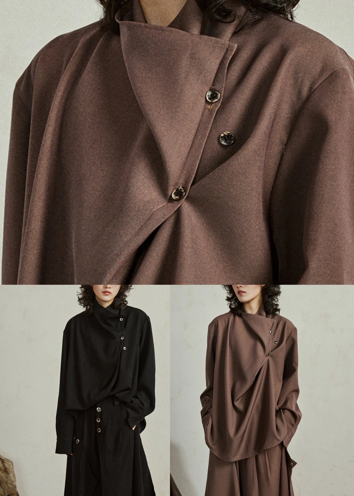 Fine Coffee Asymmetrical Button Shirt Lantern Sleeve Spring