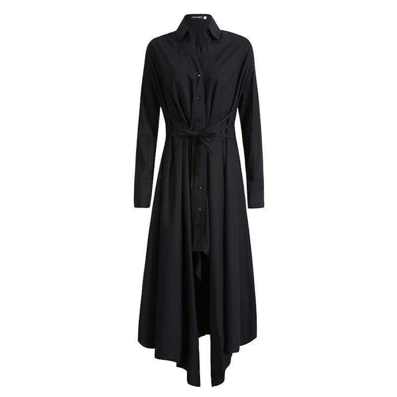 Black Tunic Pattern V Neck Asymmetric Robe Spring Dress