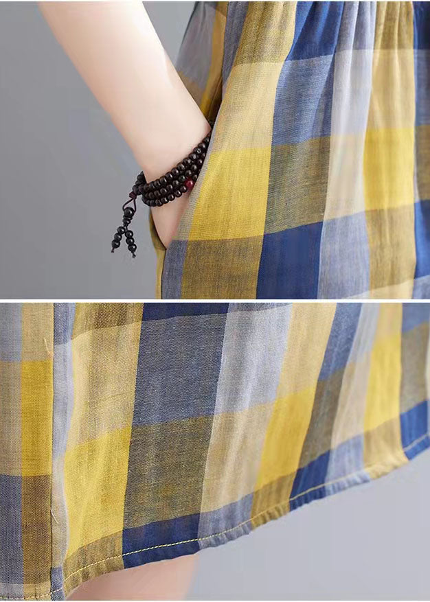 Yellow Plaid Pockets Patchwork Fall Holiday Dress Long Sleeve