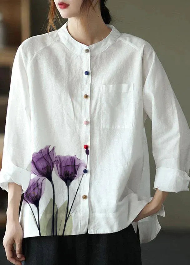Modern White Loose Patchwork Pockets Fall Long Sleeve Blouse Top
