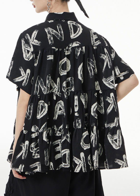 Black Print Wrinkled Patchwork Silk Shirt Short Sleeve