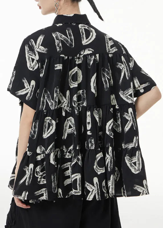 Black Print Wrinkled Patchwork Silk Shirt Short Sleeve