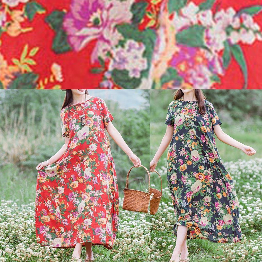 Style Navy Print Tunics Chinese Button Traveling Summer Dress